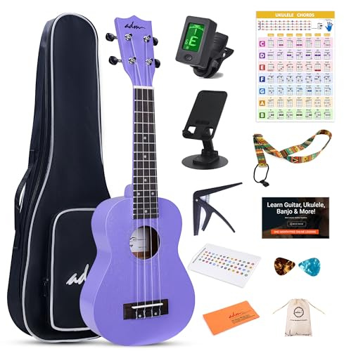 ADM Sopran-Ukulele-Anfänger-Set, Mahagoni, Hawaii-Holz, Ukulelee-Set mit Ukulele, Anfänger, Studenten und Erwachsene, Gelbbraun (lila, 53,3 cm)