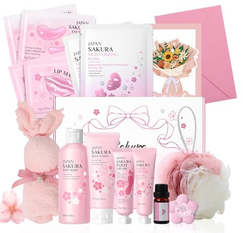 BeauBase Sakura Coffret Bain Femme Cadeau, 14 Pièces Kit Bien Etre Bain | Coffret SPA Maison Femme, Idéal pour Anniversaire, Saint-Valentin, Fête des Mères, Noël
