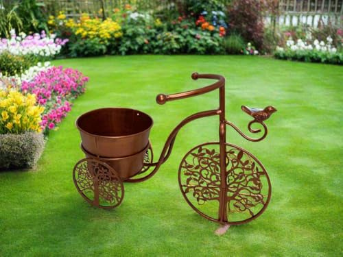 Marissa's Garden & Gift Handmade Bronze Bicycle Plant Stand with Bird, Tree of Life Wheels, Pot Holder, Powder Coated Metal, One Pot Included