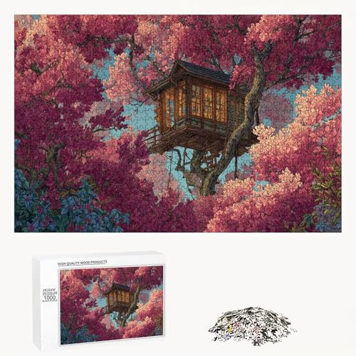 Puzzle 1200 Teile für Erwachsene - Rosa & Baumhaus - Klassisches Holzpuzzle mit Präzisionsschnitt & HD-Druck - 75 x 50 cm - Entspannung, Achtsamkeit & Wanddeko Geschenk - Nicht unter 14 Jahren P3#55