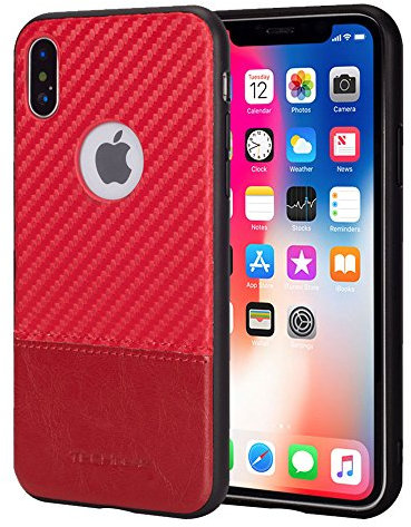 TECHGEAR Premium PU Leather Case with Carbon Fibre Design Compatible with Apple iPhone Xs, iPhone X - Slim-fit, Protective Shell, Back Cover with Carbon Fibre Design - Red