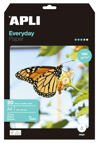 APLI 12080 - Papel fotográfico Everyday, A4, pack de 20 hojas, 180 g, con acabado brillante, apto impresoras inkjet