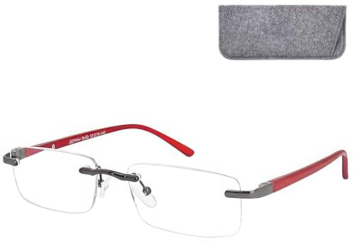 Randlose Lesebrille rechteckig für Damen und Herren, mit Filz Etui | Schmale eckige Gläser, Edelstahlrahmen, Nasenpads und 136 mm Gesamtbreite – dezente Lesehilfe in drei Bügelfarben