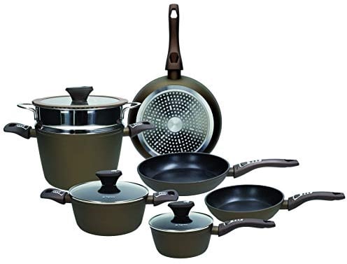 Tognana Diamantea, Batteria di pentole e padelle, Set con 3 padelle, 2 casseruole, 1 pentola,1 cestello vapore, 3 coperchi trasparenti, 10 Pezzi, Alluminio, Bronzo