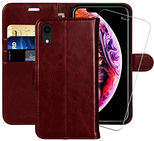 MONASAY Handyhülle Fit für iPhone XR 6.1 Zoll,[Schutzfolie][Kartenfach][Standfunktion][Magnet],Stoßfeste Schutzhülle,Premium Leder Flip Case Fit für Apple iPhone XR, Burgund
