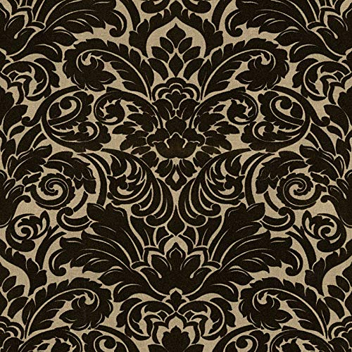 Schwarz gold Tapete mit Flock | Samt Vliestapete mit Barock Muster für Wohnzimmer und Schlafzimmer | Elegante Ornament Wandtapete mit Vinyl