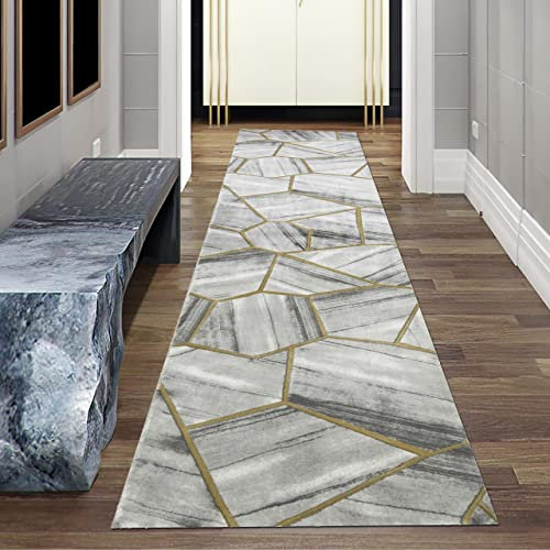 Teppich-Traum moderner Kurzflorteppich KORRIDOR geometrisches Muster in grau Gold, Größe 80 x 300 cm