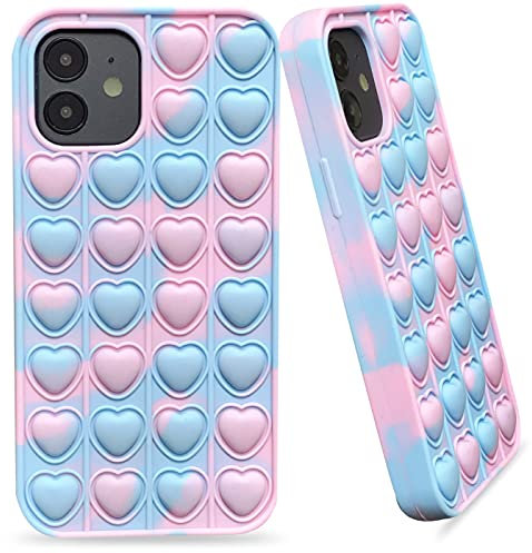 Pop Phone Case iPhone 12/12pro, Silicone Case with Fidget Poppet Hearts, Anti-Anxiety Stress Reliever, Shockproof Bumper (Pink & Blue Hearts)