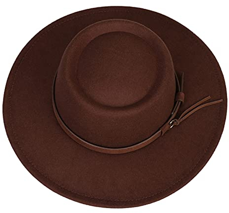 JK Home Damen Kappe mit breiter Krempe, konkave Oberseite, Filzglocke, Derby, Bowler, Bootshut, Vintage-Gürtelschnalle, Porkpie Fedora Kirche Jazz Trilby Wollmütze, B: Kaffee, Einheitsgröße