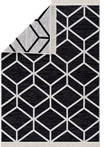 Pasha Home Läufer 80x150 cm Bern/Boho Teppich aus Baumwolle für Wohnzimmer, Schlafzimmer, Küche, Bad, Kinderzimmer/Wendbar/Schwarz Weiß