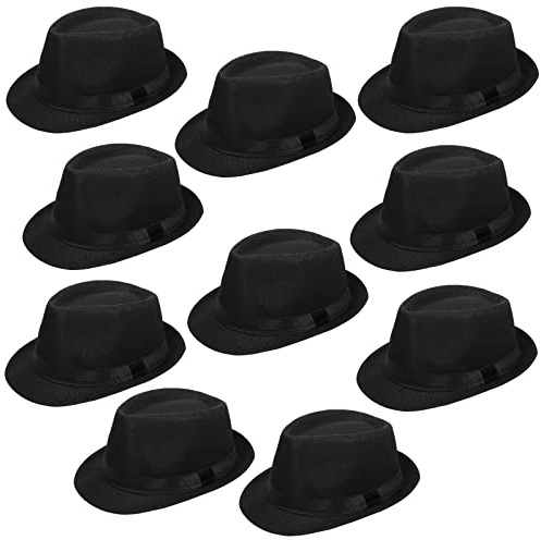 10 Pack 1920er Fedora Hüte für Männer Kurze Krempe Sonnenpanama Hüte für Männer Frauen Party Kostüm, Umfang 60 cm, schwarz, Einheitsgröße