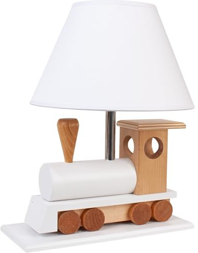 HELLUX Nachtlicht Baby aus Holz | LED Tischlampe Kinderzimmer mit Lokomotiv-Design | Nachttischlampe Kinder 39x14x27 cm für Babyzimmer | Kinder Lampe E27 (Weiß)