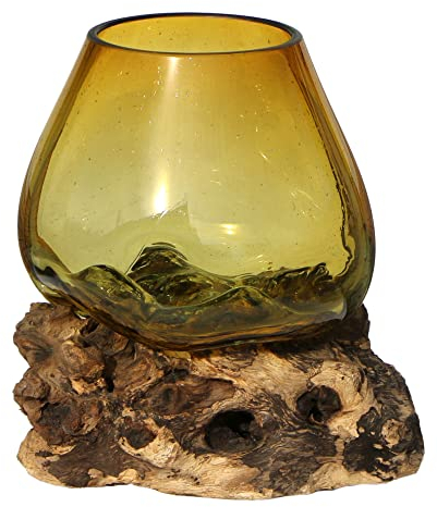 Wogeka - braune Designer Glas-Vase auf Wurzel-Holz als Maritime Mediterrane Deko Geschenk-Idee zu Weihnachten Geburtstag (Glas L.br (Ø Glas 17-20 cm))