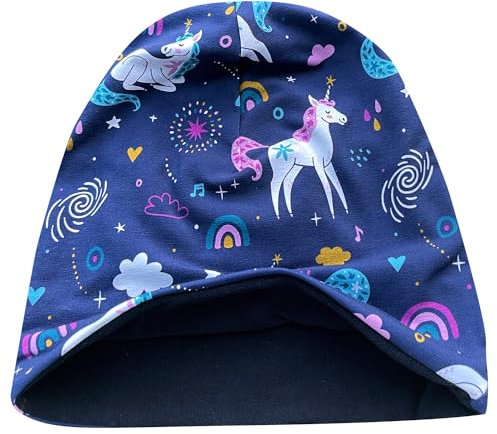 Wollhuhn Öko Warme Winter Jungen/Mädchen/Kinder Long Beanie Mütze Mit Fleecefutter Versch. Motive (aus Öko-Stoffen, Bio) 20220666 (Einhorn Dunkelblau, M)