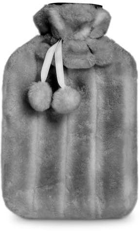 KEPLIN Cosy Hot Water Bottle with Plush Cover & Bobble - Relieves Body Aches & Pains, Washable Safe & Durable Heating Pad - Ideal Cosy Nights & Gifts - Large 2L (Grey)