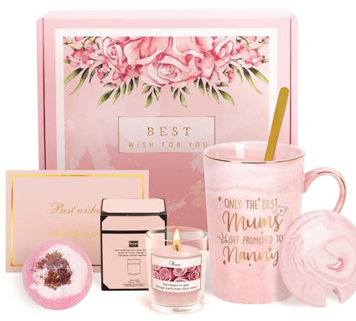 Joymaking Nanny Gifts Coffee Mug Set with Candle, Bath Ball, 14oz Birthday Gifts for Granny Grandma - Only The Best Mums Get Promoted to Nanny, Pink