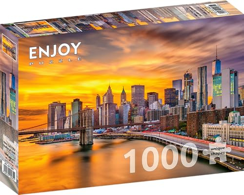 1000 Pieces Jigsaw Puzzle for Adults – Matte Finish, Soft Touch, Sturdy and Unique Pieces, Tight Fit, Vivid Colors, Missing Pieces Service – New York City Skyline Cityscape at Sunset – by ENJOY Puzzle