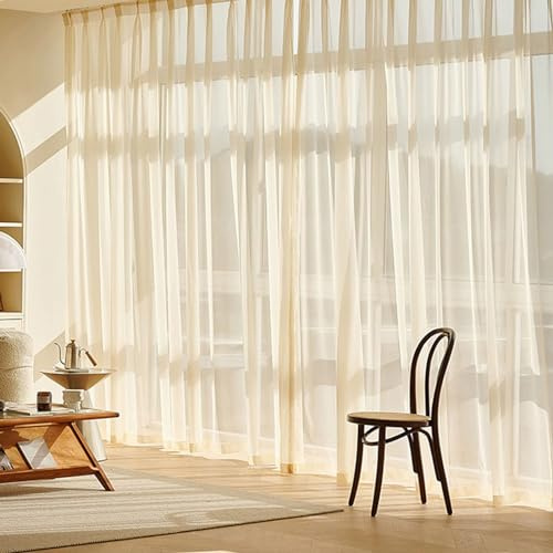 Homxi Tüll Gardine Küche 2er Set,2 x 137W x 274H cm,Vorhang Halbtransparent Gold Einfarbig Vorhänge Wohnzimmer Ösen