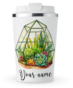 MAXIKIWI - Taza personalizada de acero inoxidable aislada de doble pared, a prueba de fugas, vaso de viaje para café o té con tapa, mantiene las bebidas calientes y frías, mini invernadero, 350 ml
