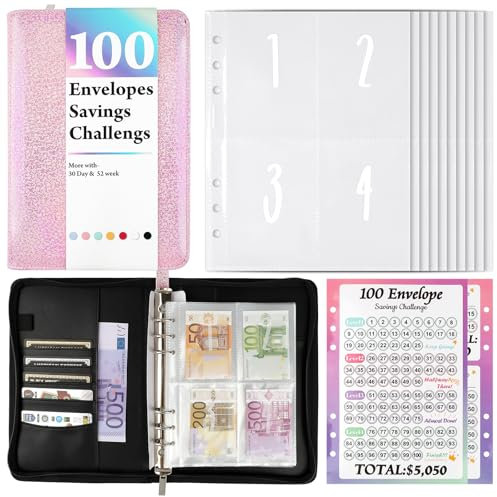 Geldsparmappe Geld Sparen Challenge, 100 Envelope Saving Challenge, A5 Geldspar-Ordner, Sparbuch für Geld Challenge mit Cash Umschläge und Reißverschluss, Pocket Saver, Leicht zu Sparen 5050€ Geldspar