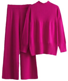 Lässiges Strickset für Damen, lockeres geteiltes Oberteil + hohe Taille, weite Beine, lange Hose, einzigartiges Stricken, 2-teiliges Set, rosarot, Einheitsgröße