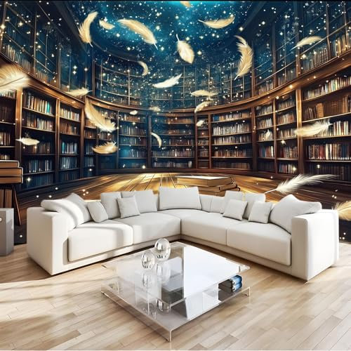 Fototapete Vlies Tapete Digitale Kunst Magische Bibliothek Bücher Federn 400 x 280 cm 3D Effekt Wandbild Vlies Wandtapete Moderne Wohnzimmer Mural Schlafzimmer Kinderzimmer TV Hintergrund Wand