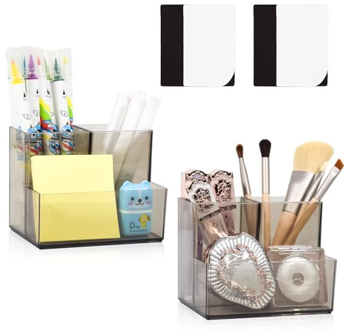Marte Vanci Acrylic Pen Holder, 3 Compartment Pencil Pot, 2 Pcs, Clear Grey | with 4 Magnetic Squares, Plastic Makeup Brush Holder, Versatile Desk Organiser for Office School Supplies Stationery