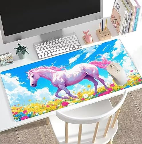 Alfombrilla Ratón Rosa Fondo de Goma Natural Antideslizante Alfombrilla Gaming Unicornio Alfombrilla Raton Extendida de Gran Tamaño con Bordes Cosidos, para Accesorios Juegos/PC 900x400x3mm W5-276