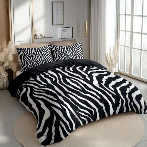 Bettwäsche 135 x 200 cm Tier Zebra Textur Bettwäsche-Sets mit Reißverschluss Schwarz Reversible Bettbezug Weich Mikrofaser Bettbezug Set mit Kissenbezug Für Kinder Erwachsener
