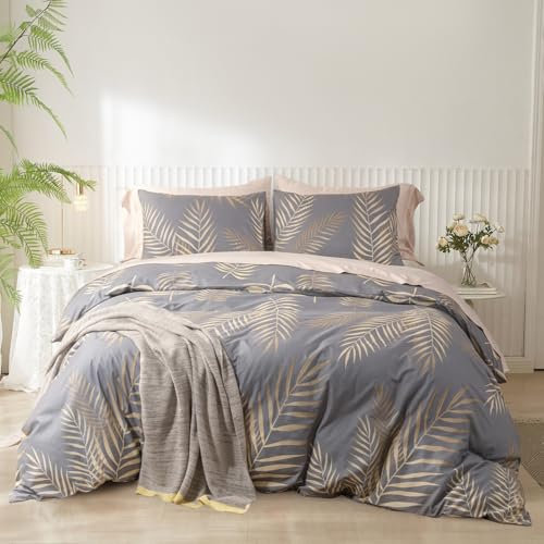 YASMENG Bettwäsche-Set Gold-Grau 155x220 Blätter-Motiv - Modern-Elegant Mikrofaser-Bettbezug 3-teilig mit Reißverschluss und 2 Kissenbezüge 80x80 cm