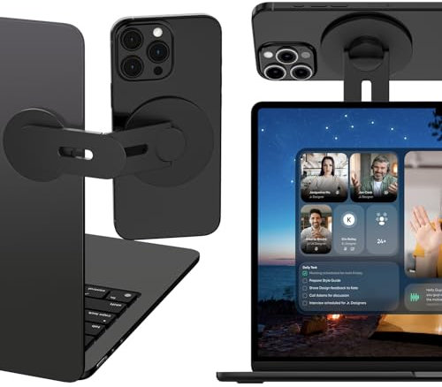 ALAFLY Magnetic Laptop Phone Holder Compatible with MagSafe iPhone/Samsung, 110° Foldable & 180° Adjustable Side Phone Mount for Computer/Tesla/Monitor/All Phones, Black