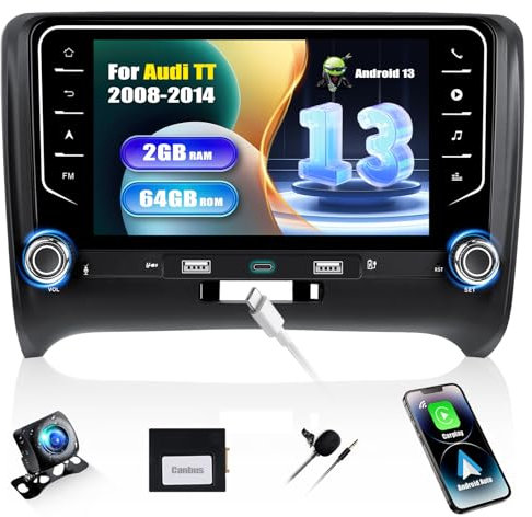 SIXWIN 2+64G Android 13 Autoradio für Audi TT MK2 8J 2008-2014 mit Carplay/Android Auto/Mirrorlink, 7 Zoll Kapazitive Touchscreen mit WiFi GPS Bluetooth FM/RDS EQ+Canbus+Rückfahrkamera