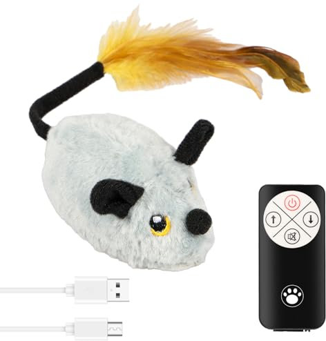 Jouet électrique pour chat - Souris de jeu électrique avec queue en plumes - Avec lumière LED - USB - Sons de souris réalistes - Jouet interactif pour chat et chien (gris + télécommande)