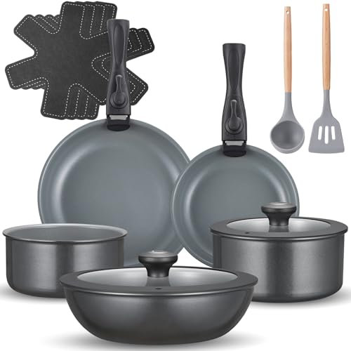 BEZIA Juego de ollas de inducción de 17 piezas, juego de sartenes de cerámica con asas extraíbles, juego de ollas de camping para todo tipo de cocinas, diseño apilable, apto para lavavajillas y horno