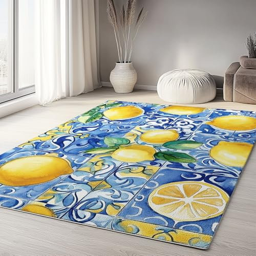 Alfombra de Entrada Antideslizante, 160 x 230cm Limones frutales Mosaicos Azules – Diseño Moderno en Felpa, Suave e Durable, Ideal para Cocina, Pasillo y Recibidor Alfombra