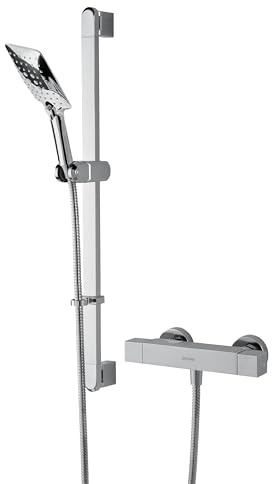 Bristan Qubo Thermostatic Bar Mixer Shower - Exposed Square Chrome Shower Mixer with Riser Rail, Hose and Multi Spray Pattern Shower Head,QB SHXSMFF C