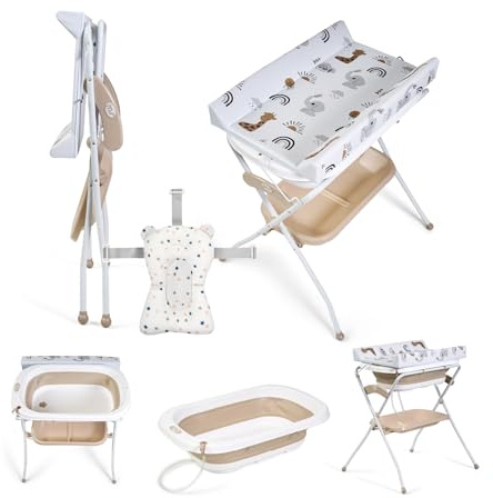 Ms BabyWorld ZOE - Bañera Bebe con Patas, Cambiador, Cojín Reductor y Cesta Portaobjetos - Comoda, Facil de Guardar, con Tapón y Patas Antideslizantes - Bañera Bebé Plegable y Portatil (Beige)