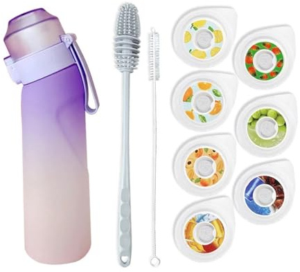 Gourde Sport, avec Lot de 7 capsules aromatiques pour bouteille d'eau, Pods parfumés pour eau aromatique 0 sucre, Sans BPA, bouteille d'eau étanche, pour gym, course à pied,Camping (Purple)