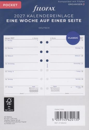 Filofax Kalendereinlage Pocket 1 Woche auf 1 Seite deutsch 2027