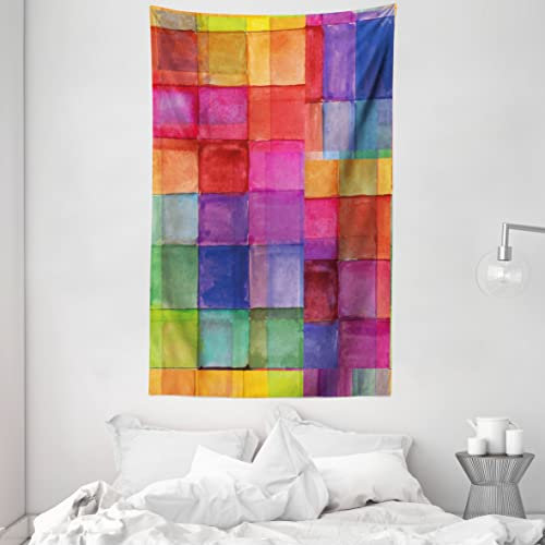 ABAKUHAUS Abstrakt Wandteppich und Tagesdecke, Regenbogen-Farben-Quadrate aus Weiches Mikrofaser Stoff Waschbar ohne Verblassen Digitaldruck, 140 x 230 cm, Rot Blau