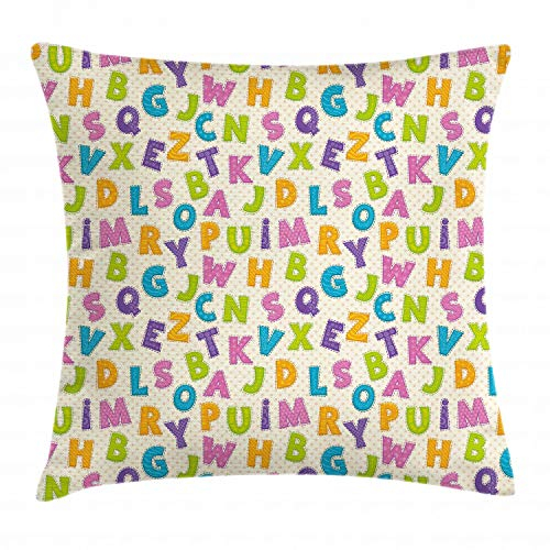 ABAKUHAUS ABC Kissenbezug, Buchstaben Alphabet ABC, für den Innen oder Außen Bereich geeignet mit Reißverschluß Waschbarer Stoff, 60 x 60 cm, Beige Grün Orange