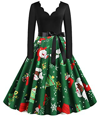 EFOFEI Damen Petticoat Lange Ärmel Ballkleid Cocktail Partykleid Polka Dot Vintage Retro Kleid Grün 3XL