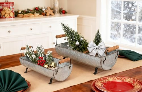 ShabbyDecor Galvanized Metal Trough Succulent Planter Farmhouse Metal Tray Rustic Tabletop Centerpiece Décor Set of 2