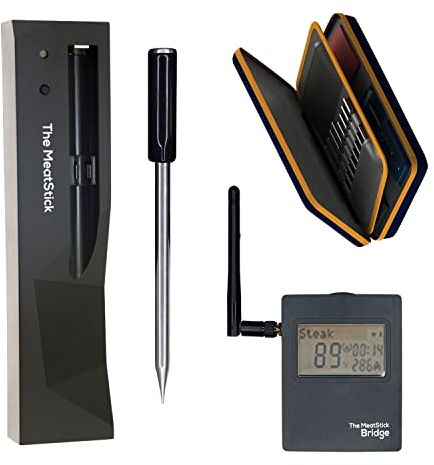 The MeatStick Bridge Set 1 Fleischthermometer Set I 1x MeatStick und WiFi Bridge für 90m Bluetooth Reichweite I inkl. Ladegerät und Tasche I kabellose Thermometer Grillzubehör