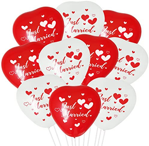 Oblique Unique® Herz Luftballon Set - 10 Just Married Herz Ballons für Hochzeit Party Deko Hochzeitsdeko Rot Weiß