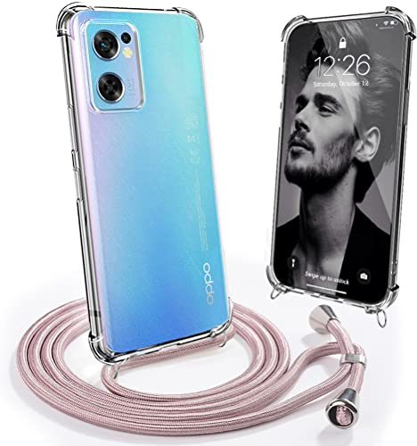 Mkej Handykette Kompatibel mit Oppo Find X5 Lite 5G - Silikon Hülle mit Band - Handyhülle mit Band für Oppo Find X5 Lite 5G - Transparent Case mit Schnur - Schutzhülle mit Kordel in Roségold
