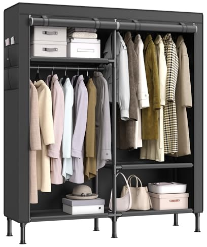 SONGMICS Wardrobe Closet, 65 Inch Heavy Duty Portable Closet, Freestanding Closet Organizer, Clothes Rack with Cover, 2 Hanging Rails, 3 Shelves,4 Side Pockets,Black URDR301B02