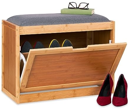 Relaxdays Schuhbank mit großer Sitzfläche, Schuhkipper für Diele u. Flur, 2 verstellbare Fächer, aus Bambus, natur/grau, 1 Stück