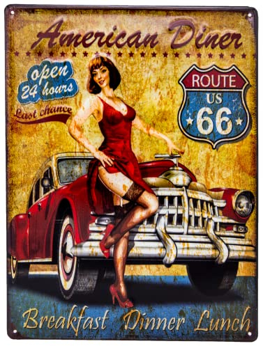 Großes 40 x 30 cm Retro Vintage Blechschild geprägt - AMERICAN Diner Pin Up Girl - Deko Bar Schild