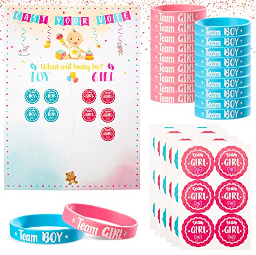 Tableau Gender Reveal Révélation du Genre 57 Pcs Comprend Gender Reveal Poster 1 Pc Autocollants de Vote Fille ou Garçon 36 Pcs Bracelets en Silicone Genre Révèle 20 Pcs